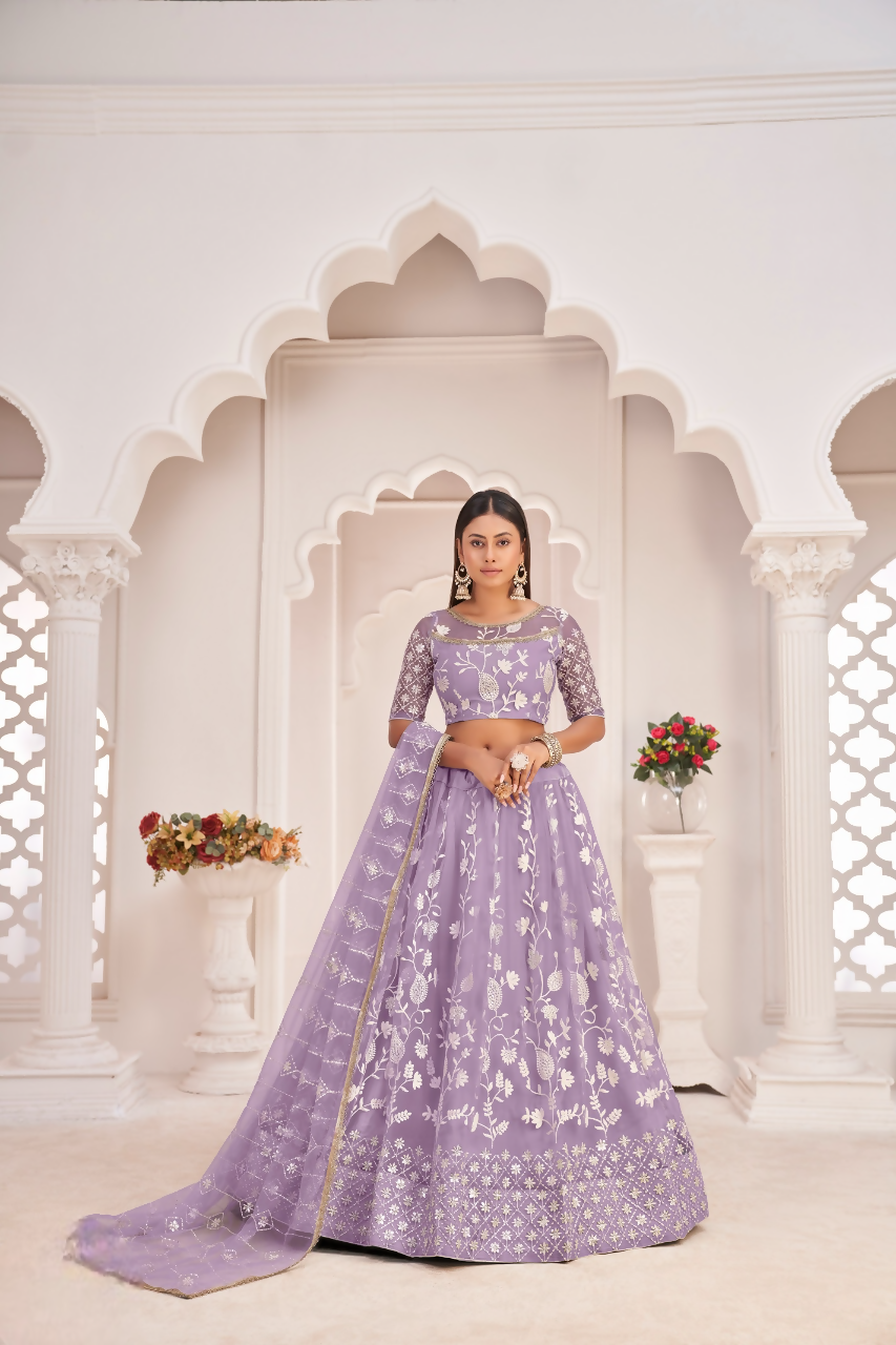 Eilara Women'S Light Purple Butterfly Net White Cotton Thread And Zari Sequence Embroidered Work Lehenga Choli For Party Wear | Grocsy