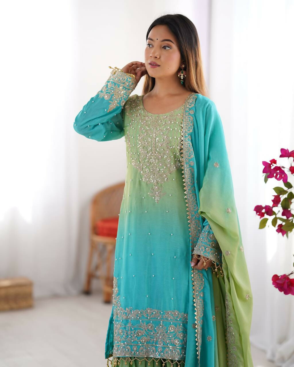The52 Women's Beautiful Chinon silk Fabric Embroidery Work Straight Kurta Palazzo and Dupatta Set | Grocsy