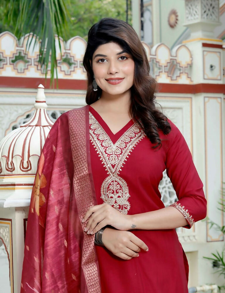 Miravan Women's Embroidered Pure Silk Red Kurta with Palazzo and Dupatta | Grocsy
