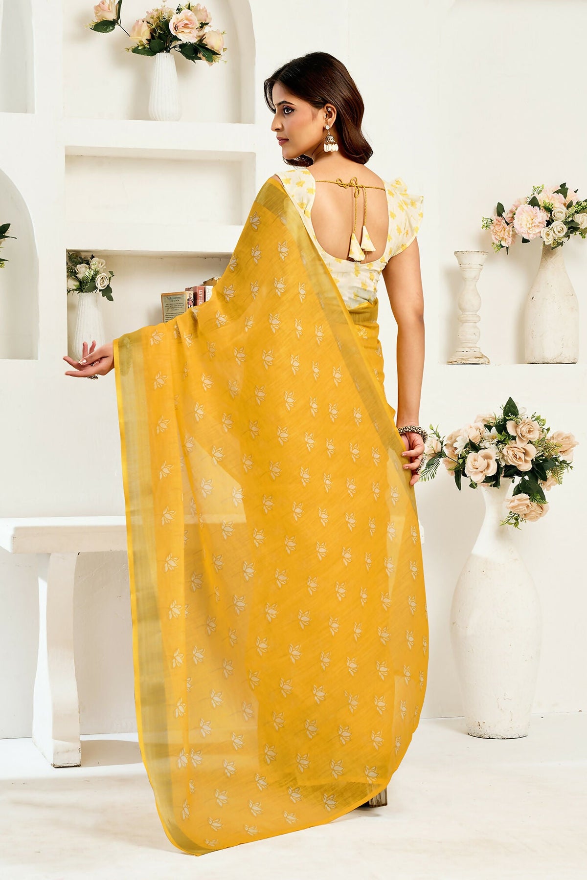 Vastranavya Yellow Digital Printed Linen Ready To Wear Designer Saree with Unstitched Blouse | Grocsy