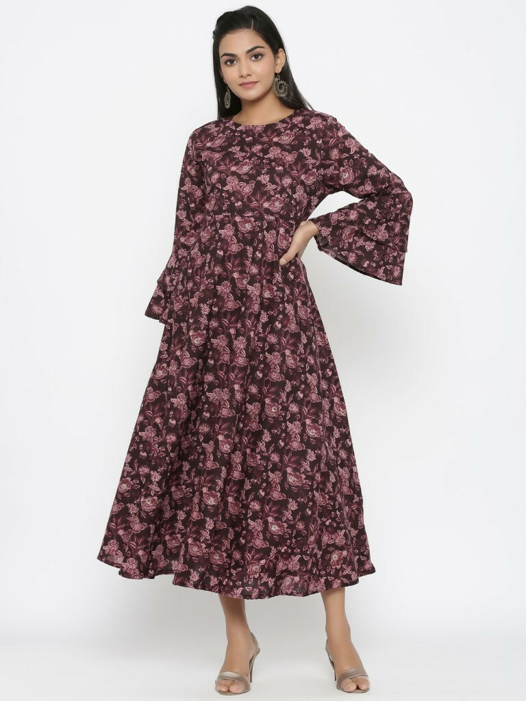 Miravan Women's Maroon Floral Bell Sleeves Anarkali Kurta | Grocsy