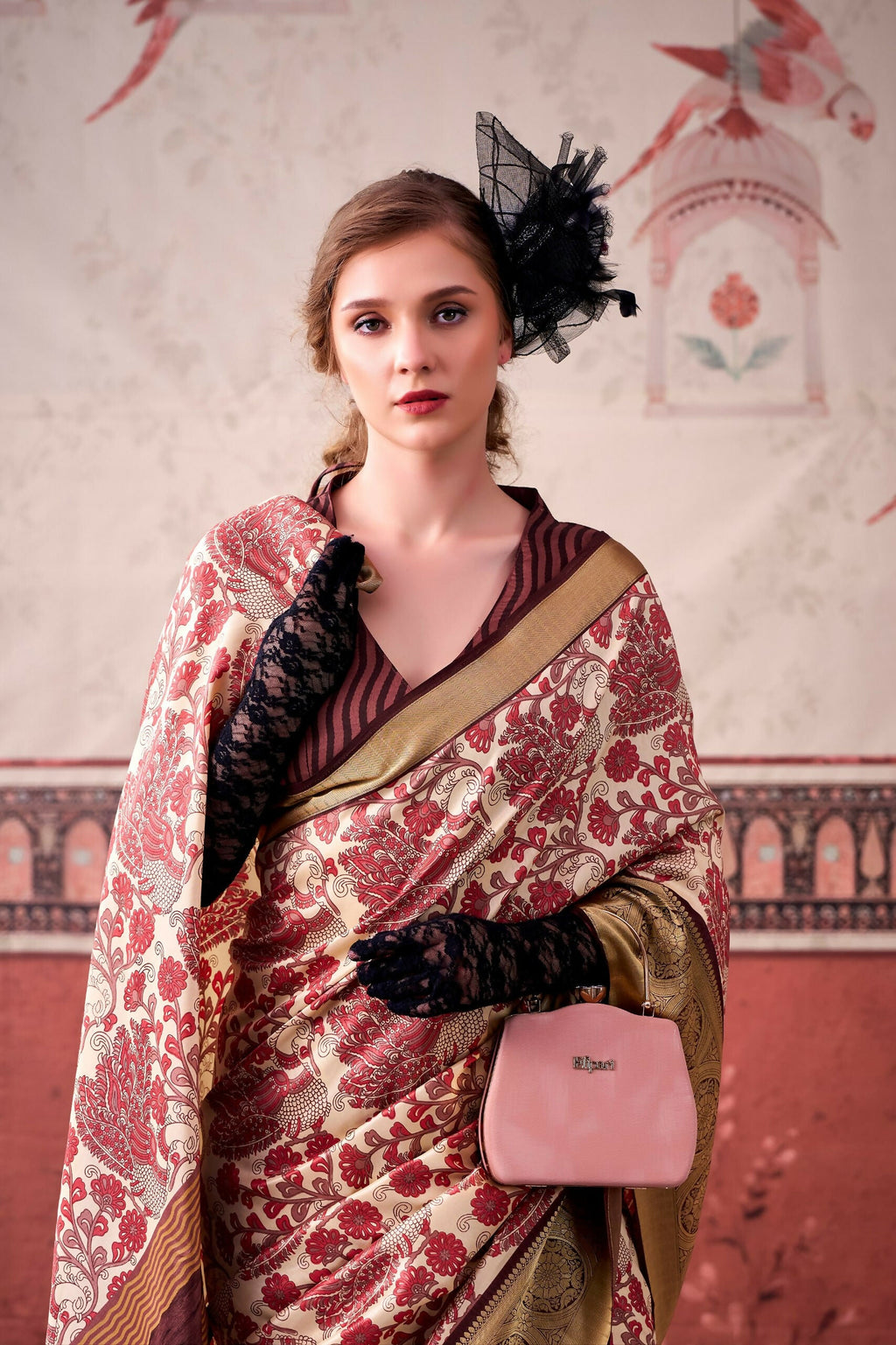 Vastranavya Pink Tussar Silk Printed with Viscose Border Saree & Unstitched Blouse | Grocsy