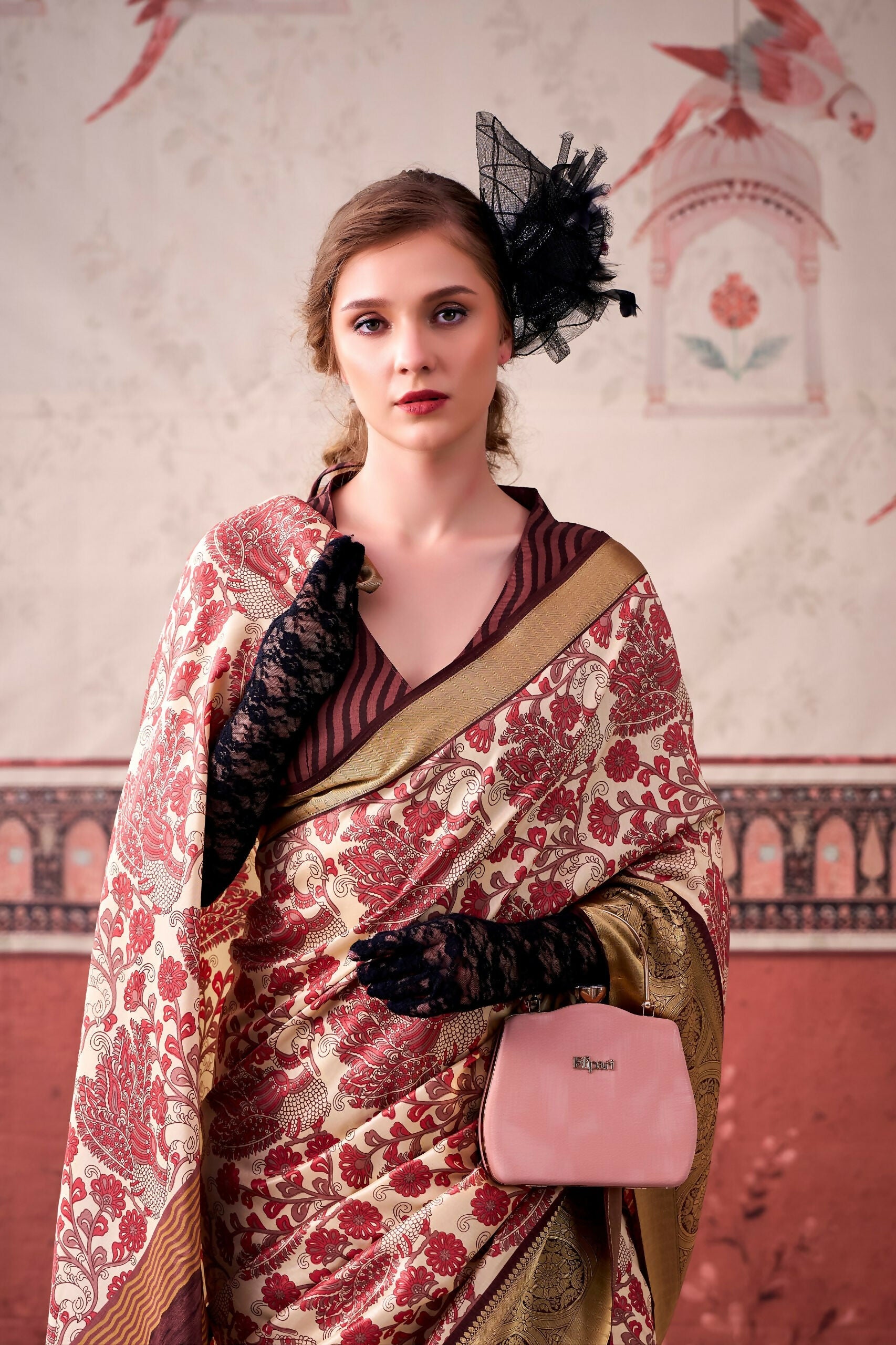Vastranavya Pink Tussar Silk Printed with Viscose Border Saree & Unstitched Blouse | Grocsy