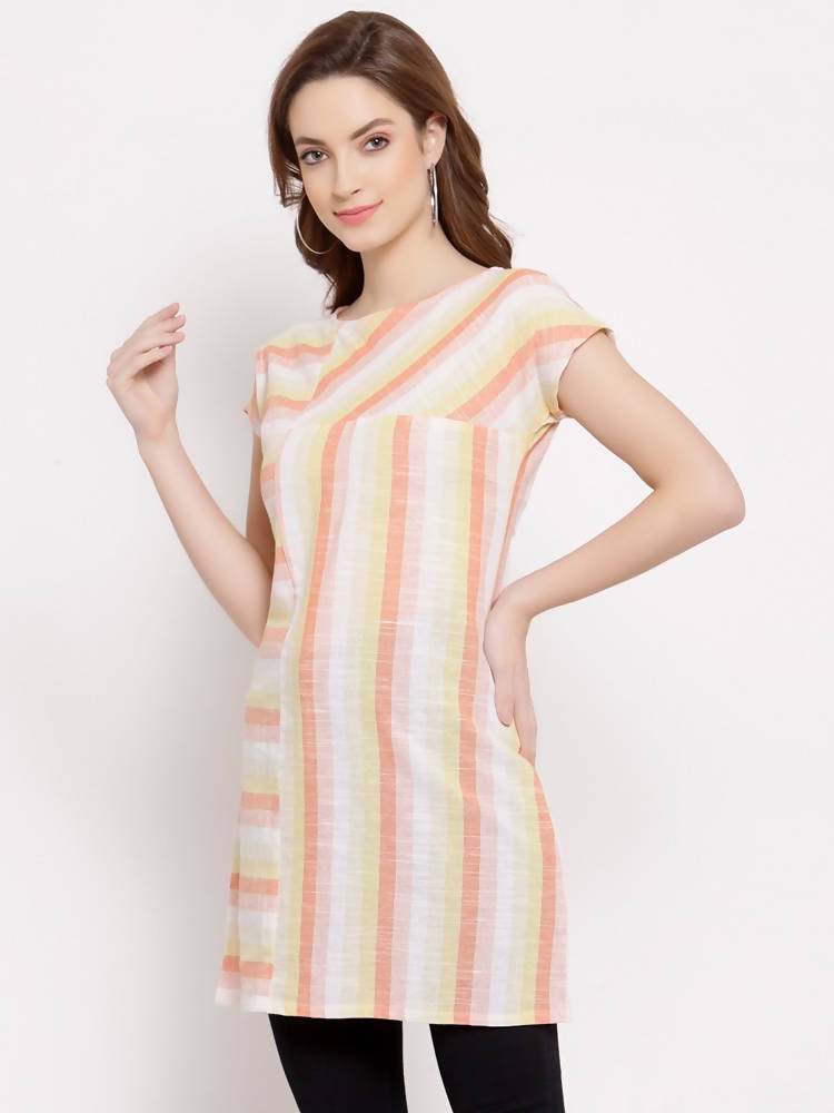 Myshka Women's Yellow Cotton Short Sleeve Round Neck Printed Casual Top | Grocsy