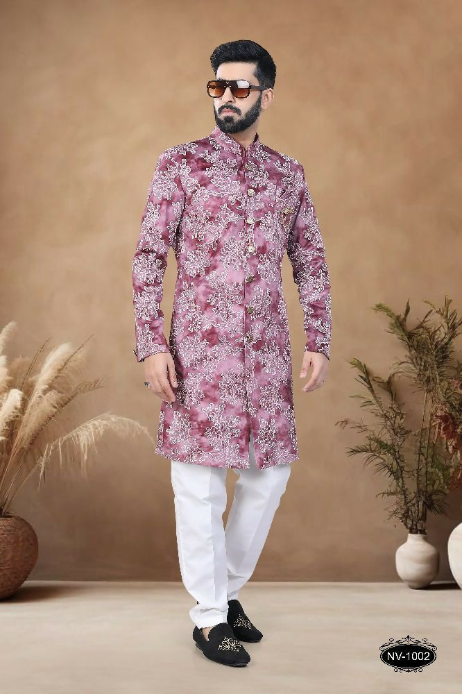 Joban Fashion Men's Pink Straight Swed Velvet Thread & Sequence Embroidery All Over Indo-Western Kurta Set | Grocsy