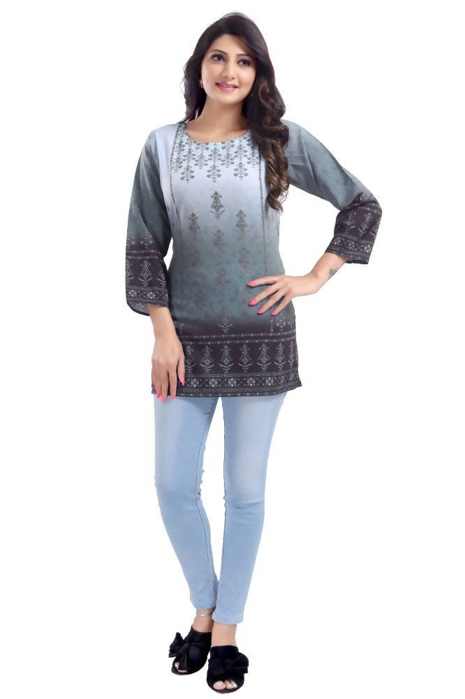Snehal Creations Gray Color Faux Crepe Printed Short Kurti Tunic | Grocsy