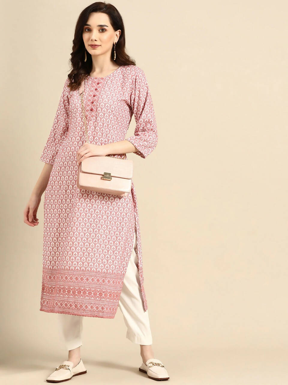 Deeps women's Pink Embroidered Rayon Kurta | Grocsy