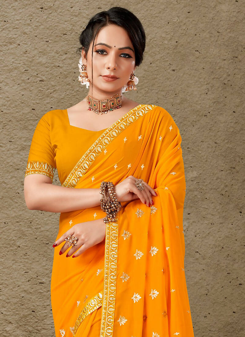 Mustard Georgette Embroidered Saree with Unstitched Blouse Piece - Avika | Grocsy