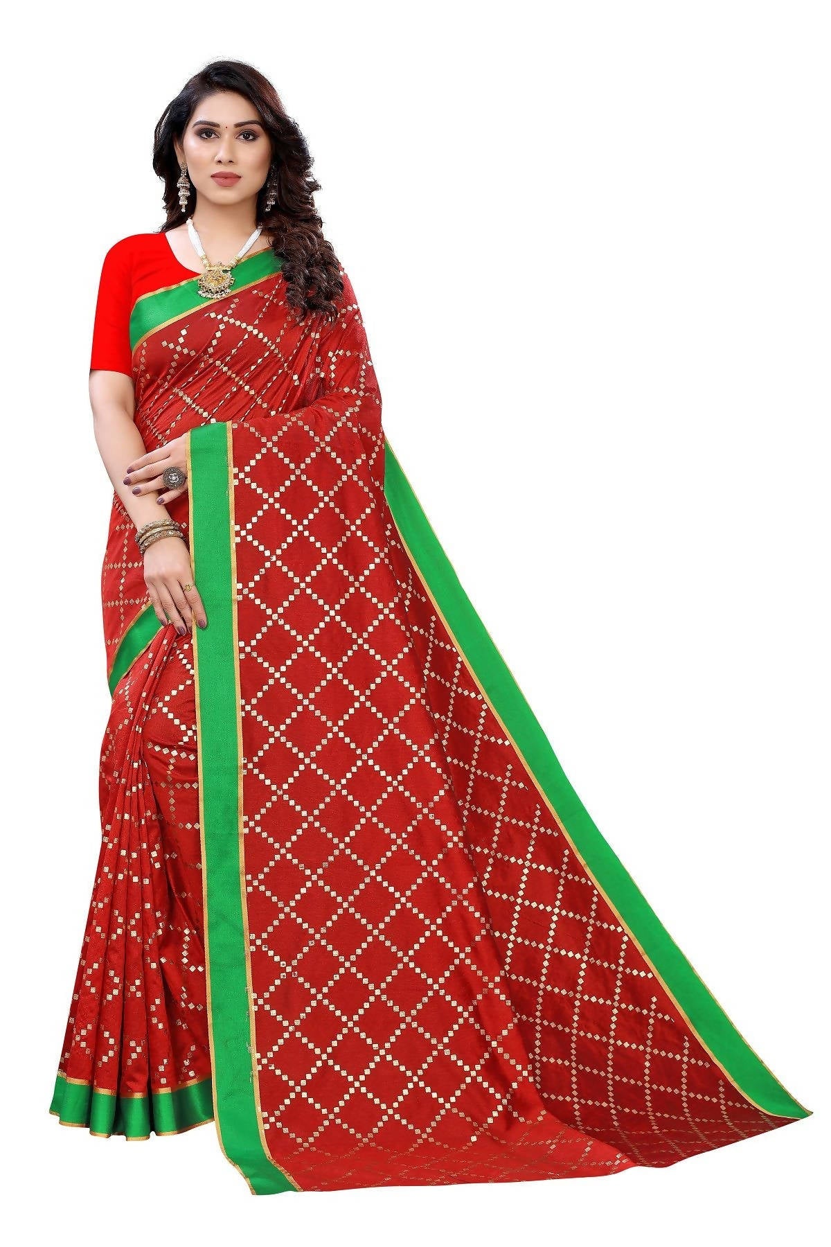 Vamika Red Linen Foil Print Saree (YOGI RED) | Grocsy