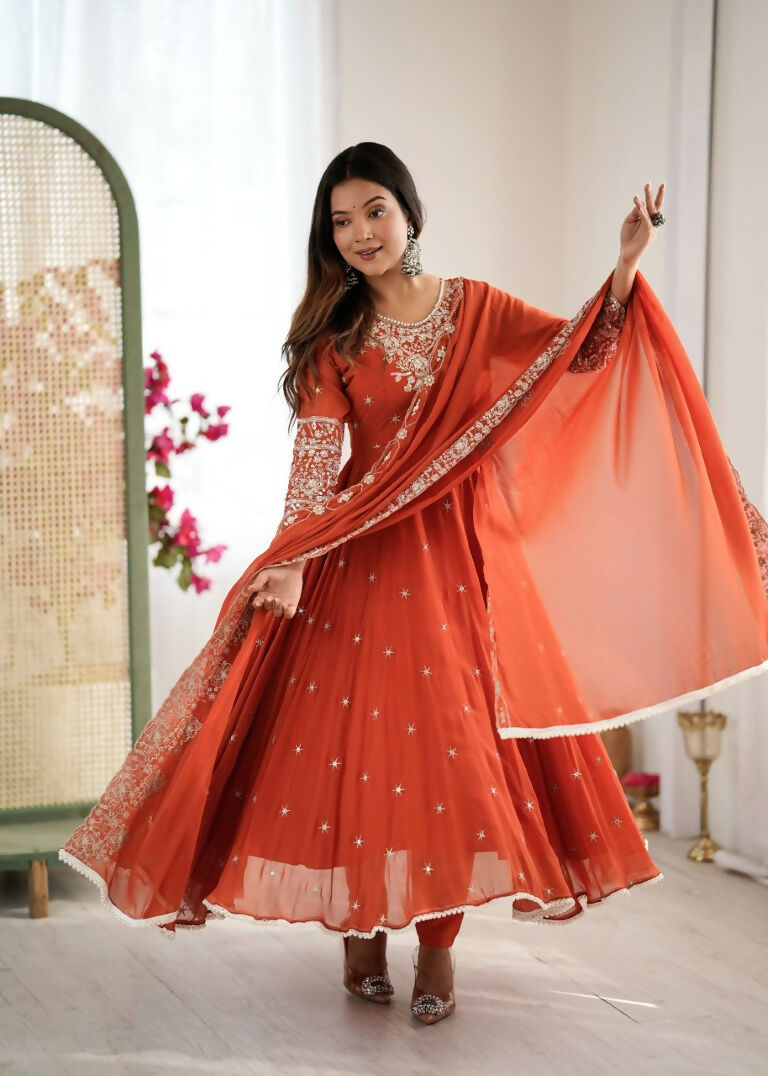 Teeya Creation Orange Color Faux georgette Embroidery Work Wedding Wear Gown | Grocsy