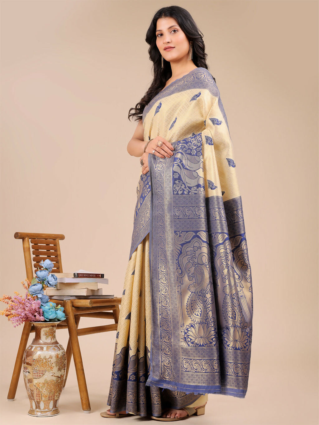 Shree Shyam Fashion Banarasi Silk Cream & Navy Blue Saree | Grocsy