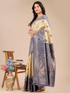 Shree Shyam Fashion Banarasi Silk Cream & Navy Blue Saree | Grocsy