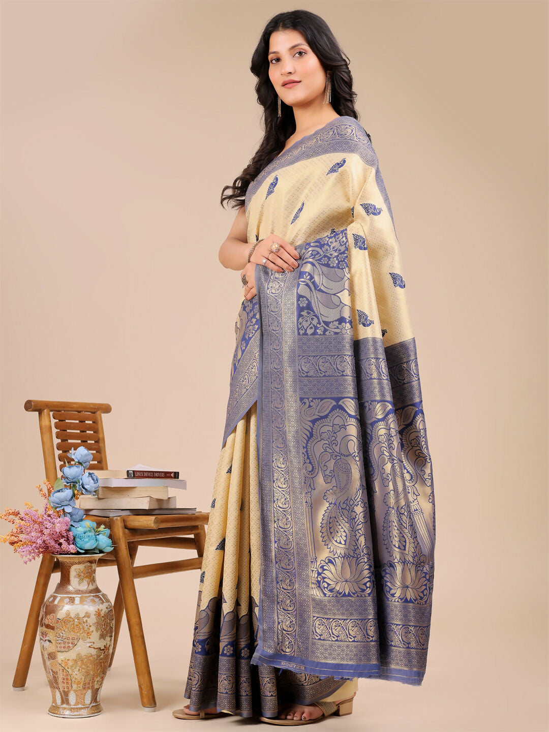 Shree Shyam Fashion Banarasi Silk Cream & Navy Blue Saree | Grocsy