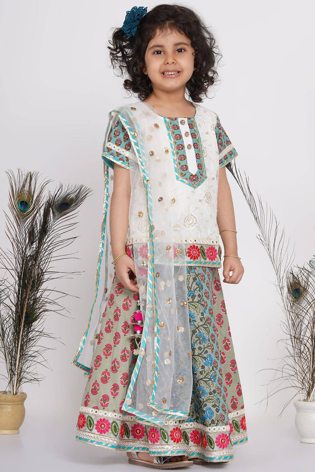 Little Bansi Girls Cotton Embroidery Kurta With Lehenga & Tussel - White & Multicolor | Grocsy
