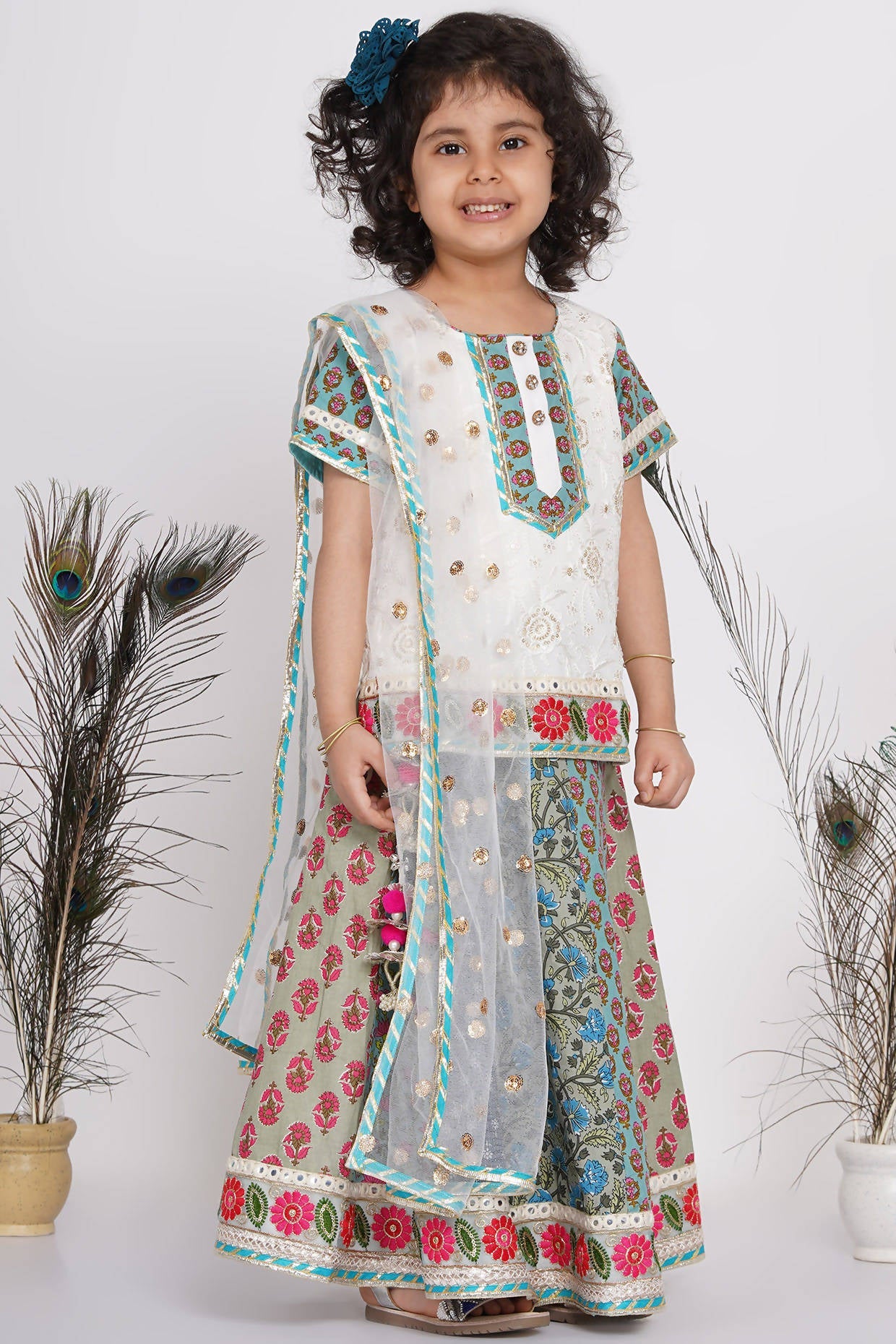 Little Bansi Girls Cotton Embroidery Kurta With Lehenga & Tussel - White & Multicolor | Grocsy