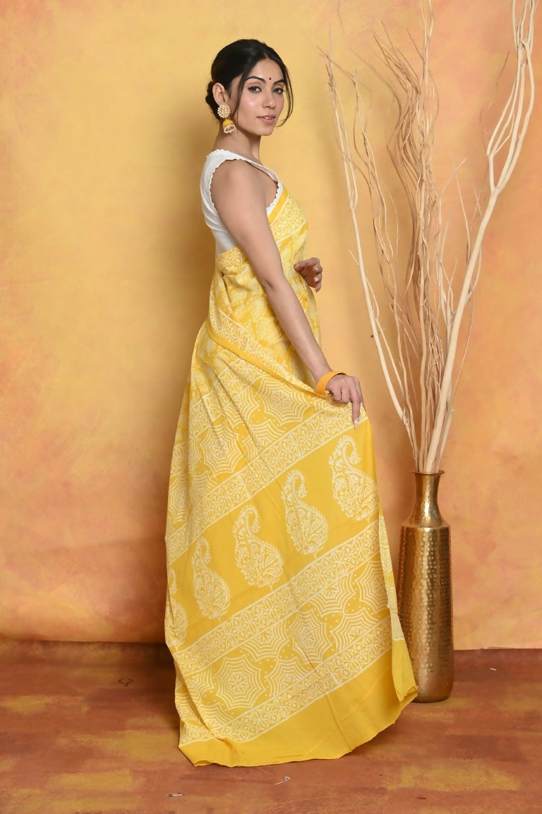 Very Much Indian Handblock Printed Cotton Saree With Natural Dyes - Yellow | Grocsy