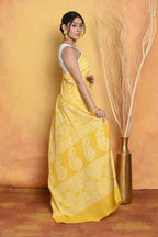 Very Much Indian Handblock Printed Cotton Saree With Natural Dyes - Yellow | Grocsy