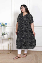 Miravan Women's Plus Size Pure Cotton Black Floral Printed Front Button A-Line Kurta | Grocsy