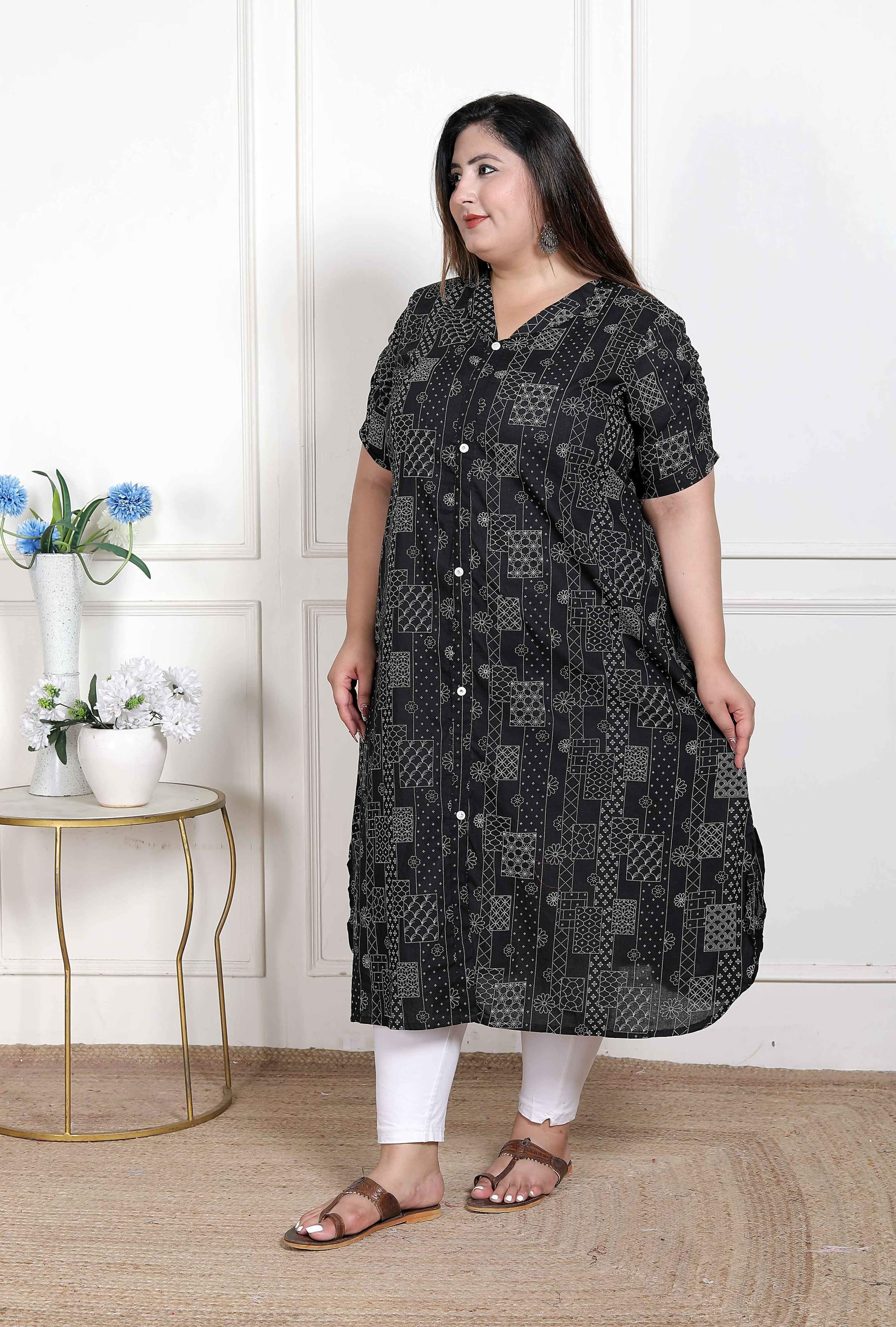 Miravan Women's Plus Size Pure Cotton Black Floral Printed Front Button A-Line Kurta | Grocsy