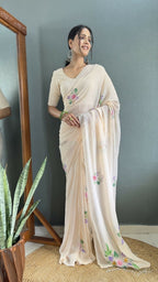 Aayaa Designer 1 min Hand Painted Ready to Wear saree - Off White | Grocsy