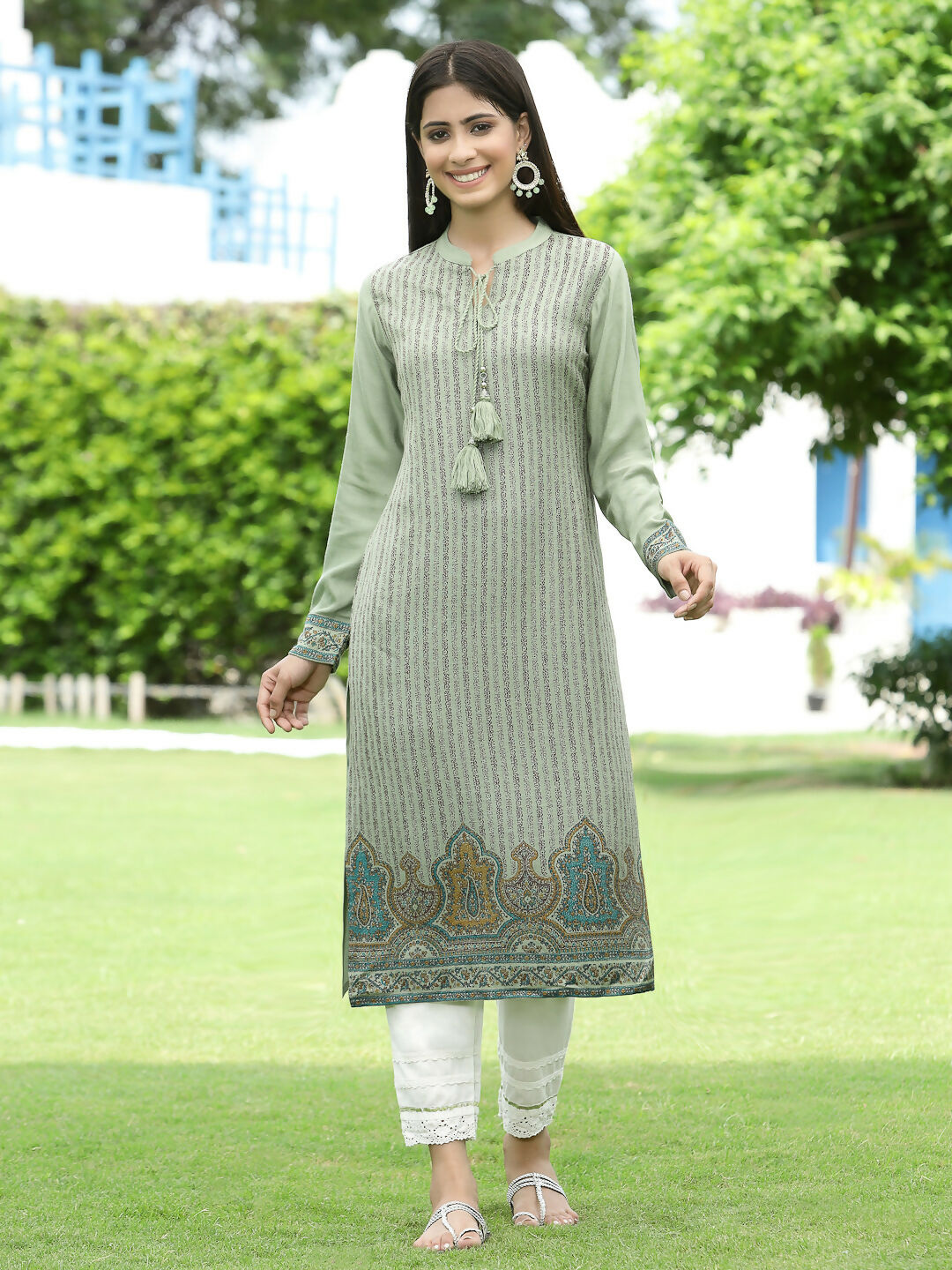 Juniper Green Ethnic Motif Printed Acrylic Straight Kurta. | Grocsy