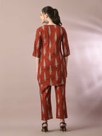 Myshka Women's Rust Printed Cotton Round Neck Party Tunic With Trousers Co-ord set | Grocsy
