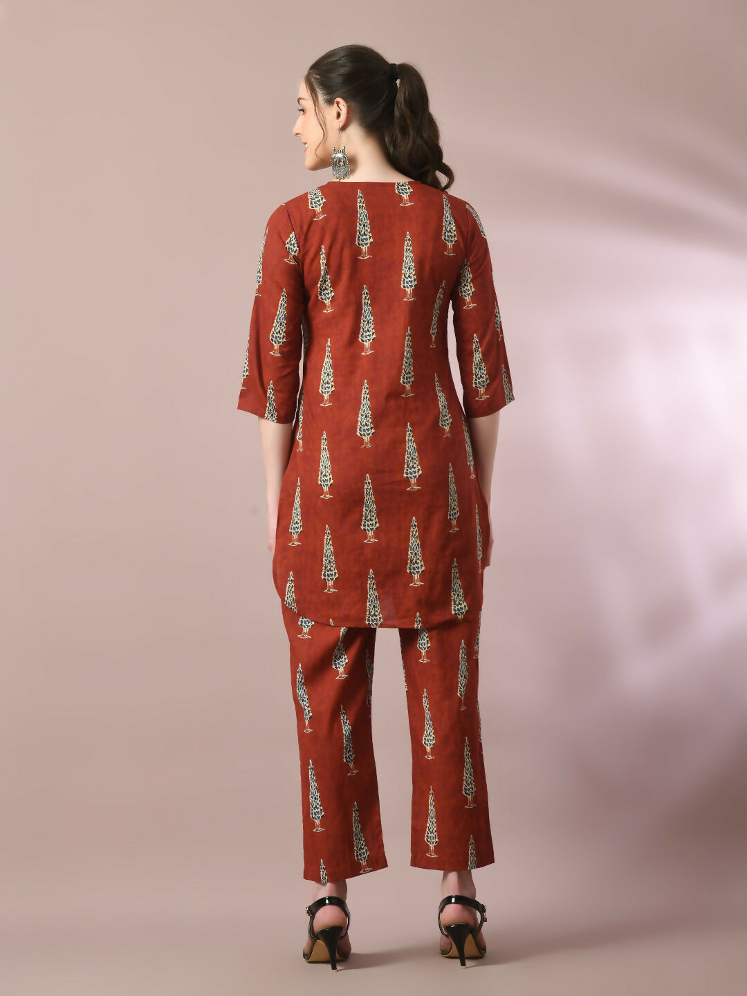 Myshka Women's Rust Printed Cotton Round Neck Party Tunic With Trousers Co-ord set | Grocsy