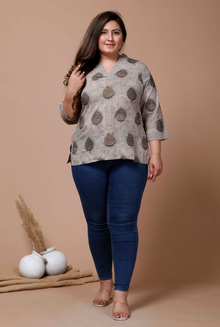 Miravan Women's Plus Size Floral Printed Beige Pure Cotton Kurti | Grocsy