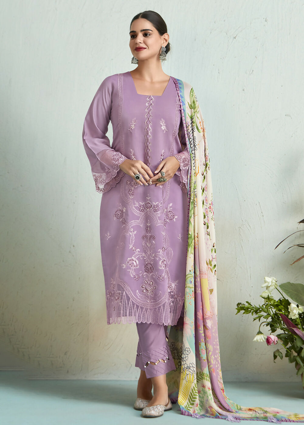 Lilac Pink Pure Muslin Resham Embroidered Salwar Suit - Emponline | Grocsy