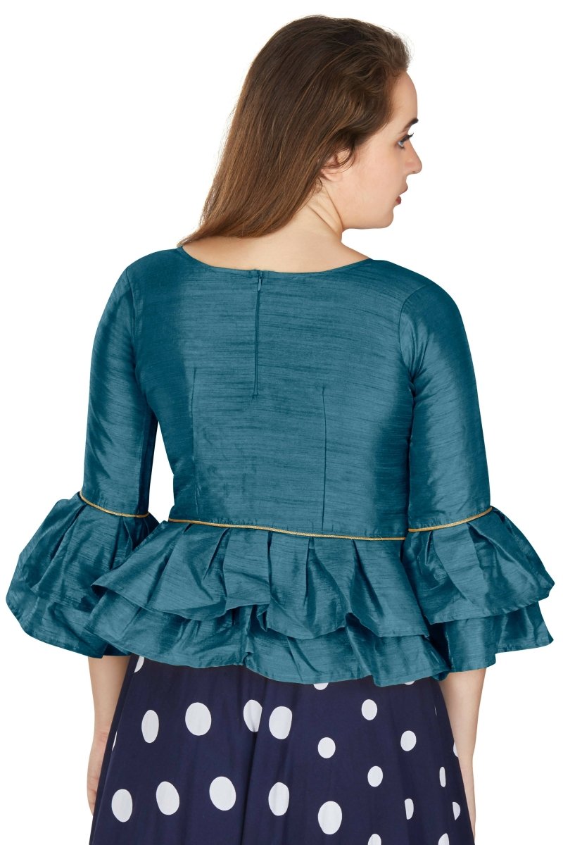 Aastha Fashion Women's Teal Art Silk Bell Sleeves attire with Poly Cotton Lining Blouse | Grocsy