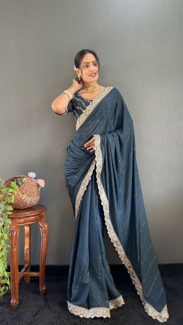Vastranavya Sea Blue Georgette Silk Swarovski & Heavy Lace Work Ready to Wear Saree | Grocsy