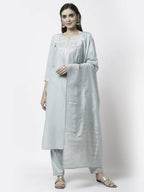 Myshka Grey Silk Blend Embroidered 3/4 Sleeve Round Neck Kurta Pant Dupatta Set | Grocsy