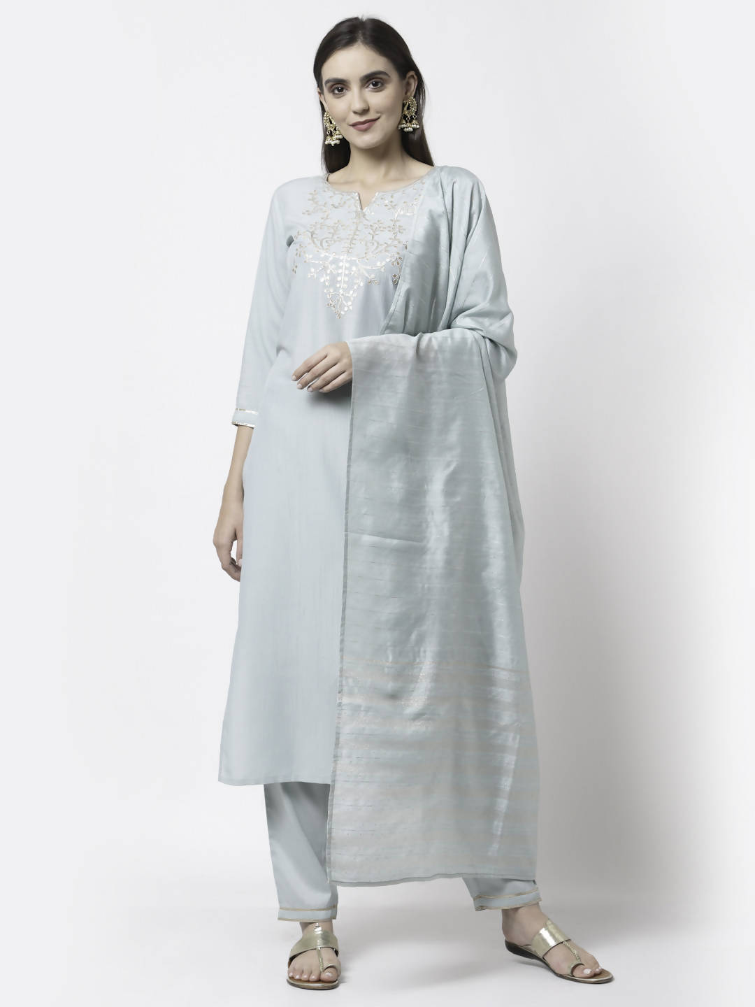 Myshka Grey Silk Blend Embroidered 3/4 Sleeve Round Neck Kurta Pant Dupatta Set | Grocsy