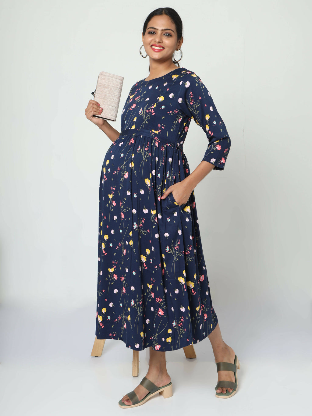 Manet Three Fourth Maternity Dress Floral Print With Concealed Zipper Nursing Access - Navy Blue | Grocsy