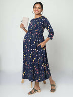Manet Three Fourth Maternity Dress Floral Print With Concealed Zipper Nursing Access - Navy Blue | Grocsy