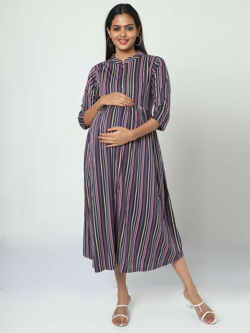 Manet Three Fourth Maternity Dress With Concealed Zipper Nursing Access - Navy Blue | Grocsy