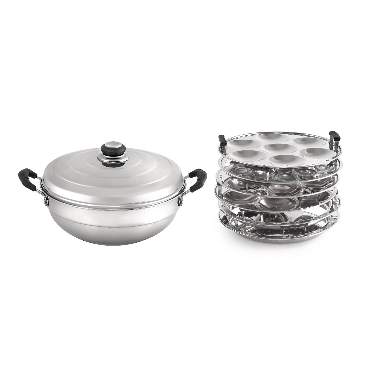 Cello Stainless Steel Induction Base Idli Cooker (Idly Maker) And Multi Kadhai Set of 6 | Grocsy