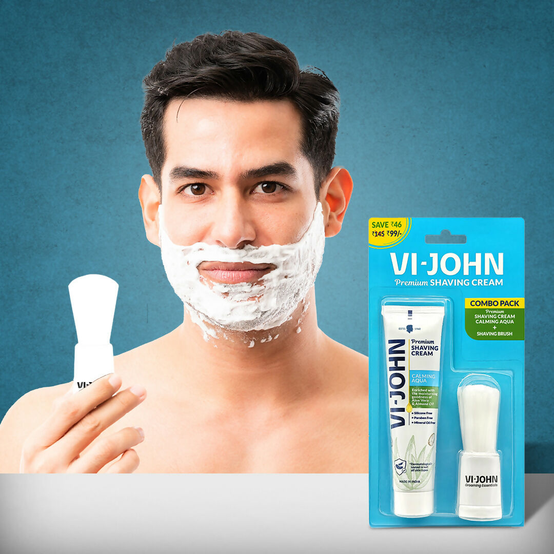 VI-JOHN Dermatologically Tested Premium Purifying Charcoal Shaving Cream With Shaving Brush Enriched with Aloevera & Jojoba Oil Free From Silicone, Paraben & Mineral Oil | Grocsy