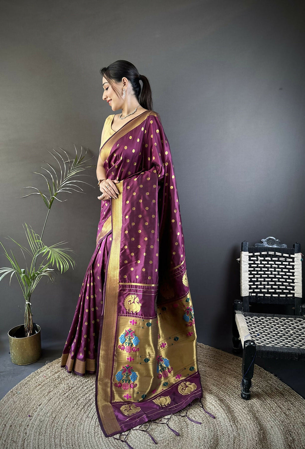 Joban Fashion Wine Polka Dot Lichi Silk Paithani Silk Saree | Grocsy