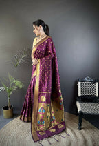 Joban Fashion Wine Polka Dot Lichi Silk Paithani Silk Saree | Grocsy