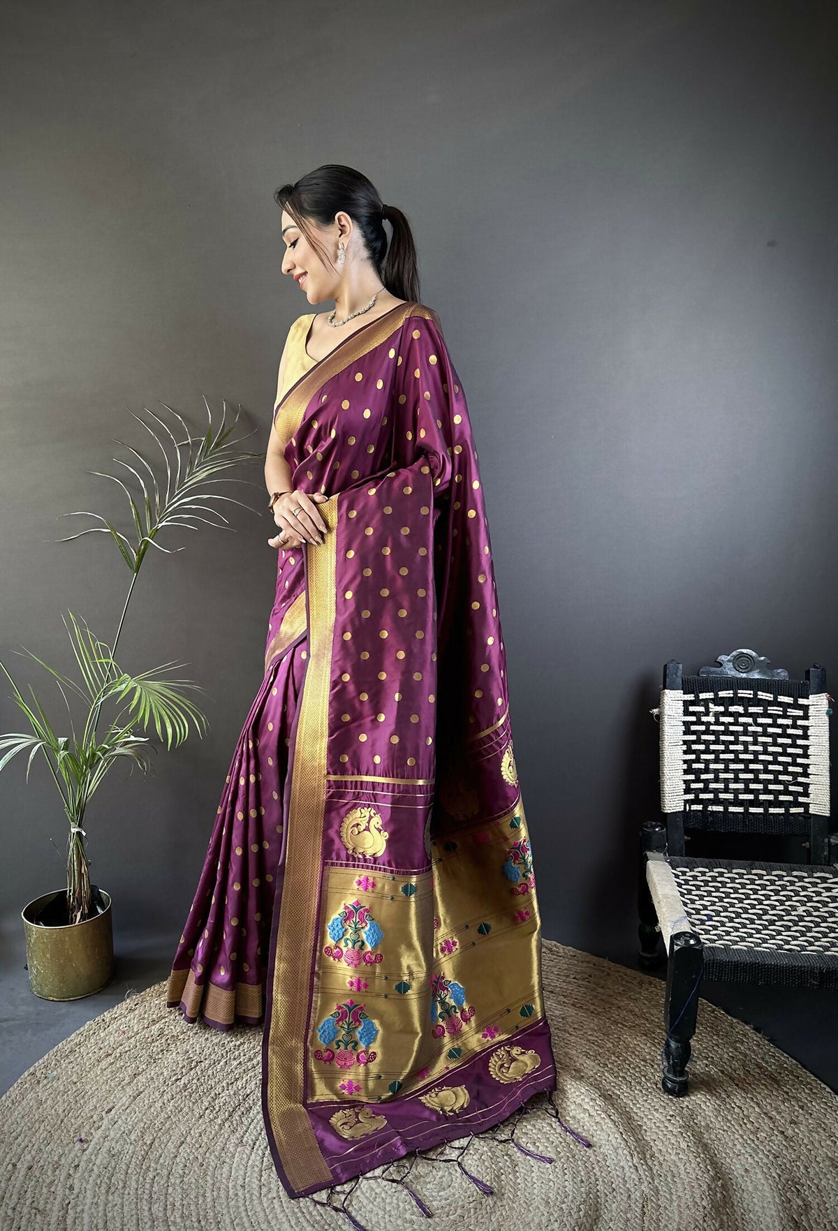 Joban Fashion Wine Polka Dot Lichi Silk Paithani Silk Saree | Grocsy