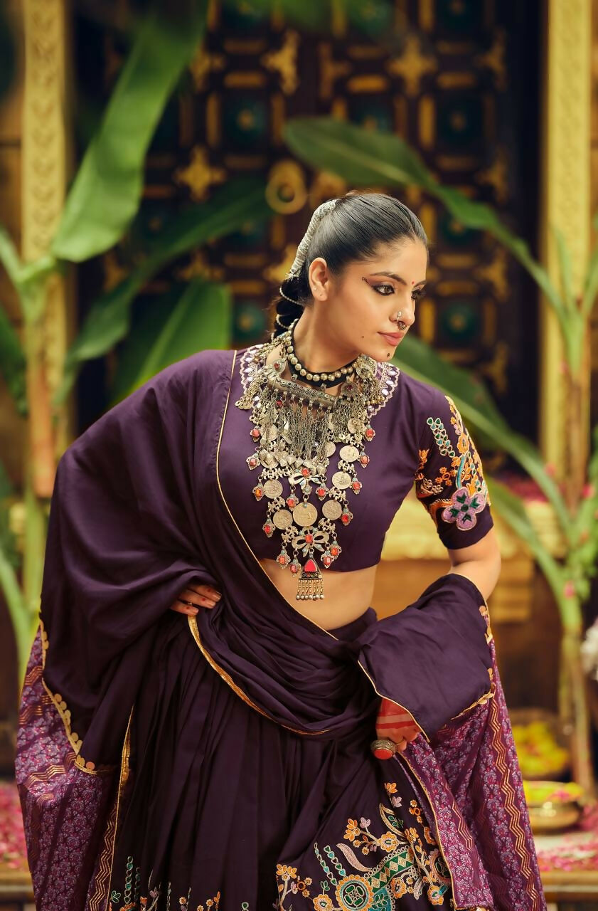 Teeya Creation Wine Colour Rayon Silk Digital Print Fully Stitched Navratri Lehenga | Grocsy