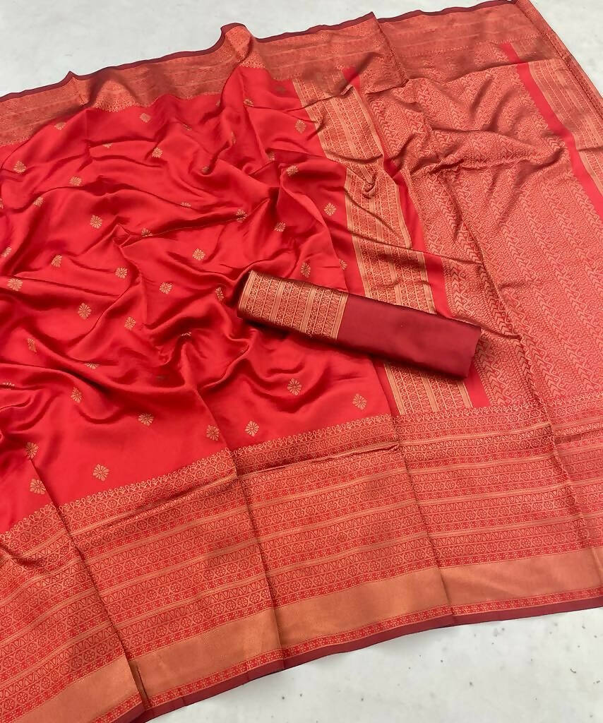 DEIANA'S Beautiful Designer Golden zari Soft Lichi Silk Saree - Red | Grocsy
