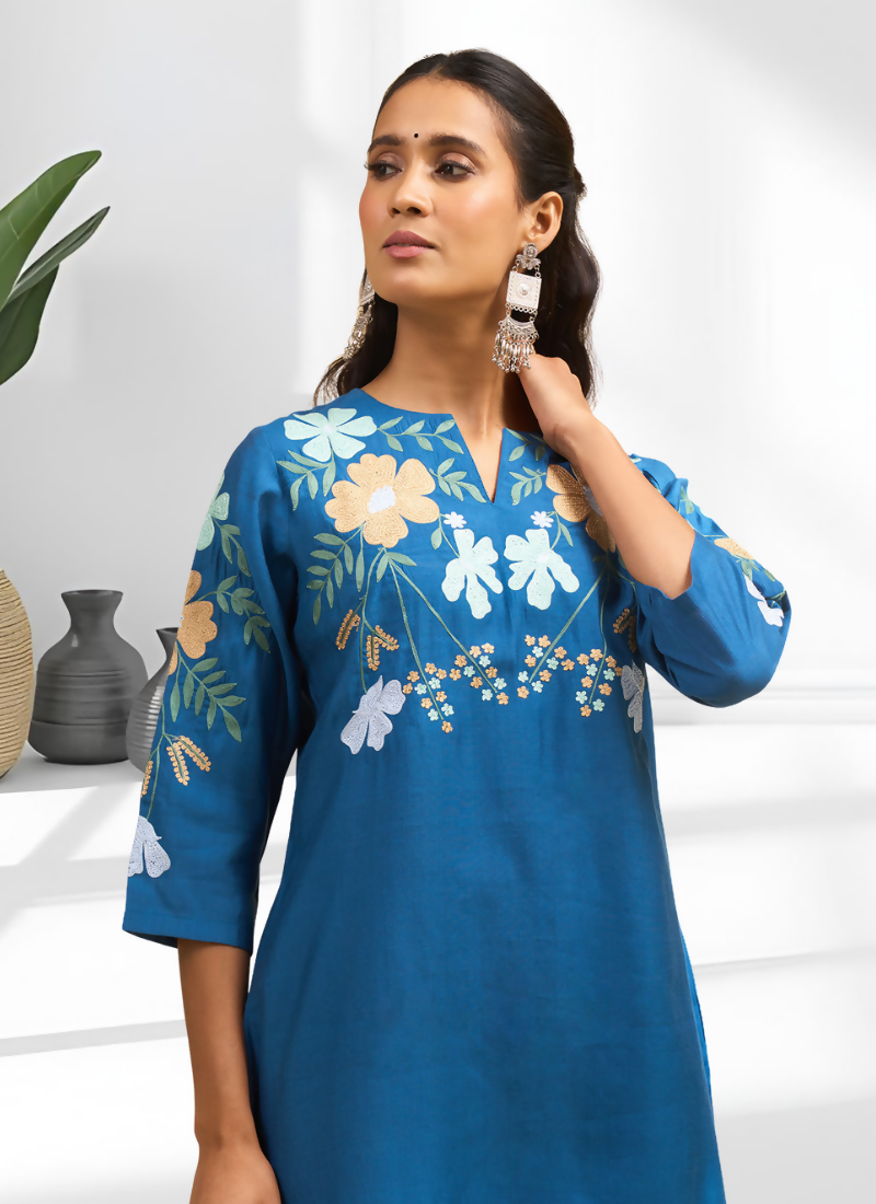 Joban Fashion Teal Silk Embroidered Readymade Cord Set | Grocsy