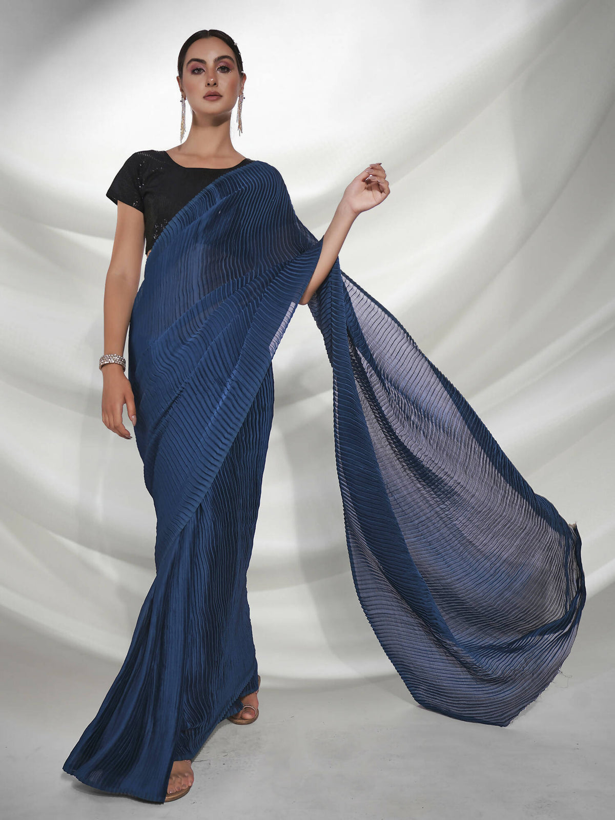 Teal Georgette Solid Texture Saree With Unstitched Blouse Piece - Rajal | Grocsy