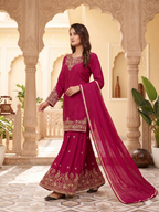 Teeya Creation Womens New Elegant Rani Pink Embroidered Sharara Suit With Golden Zari Work And Chiffon Dupatta | Grocsy