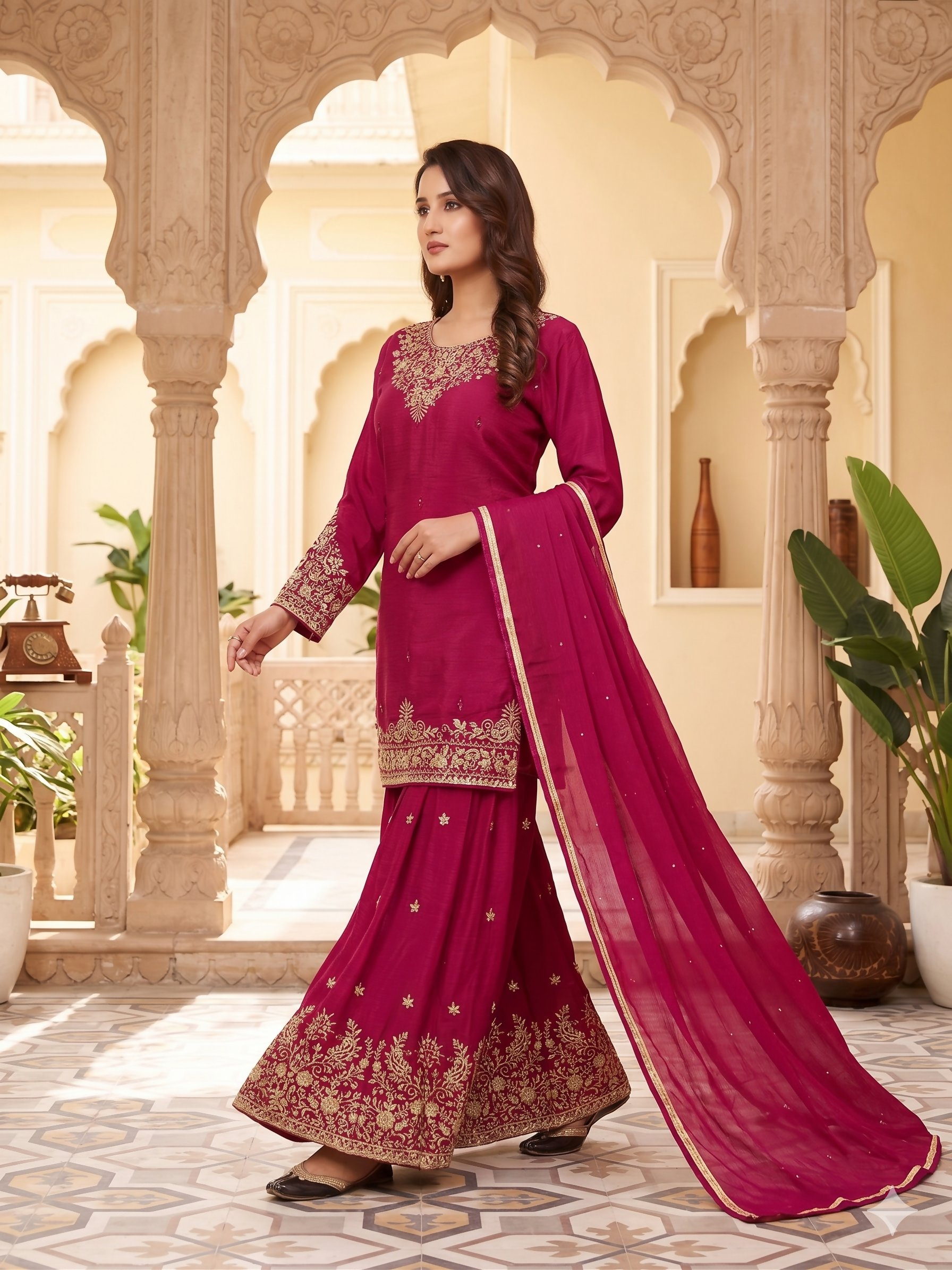 Teeya Creation Womens New Elegant Rani Pink Embroidered Sharara Suit With Golden Zari Work And Chiffon Dupatta | Grocsy