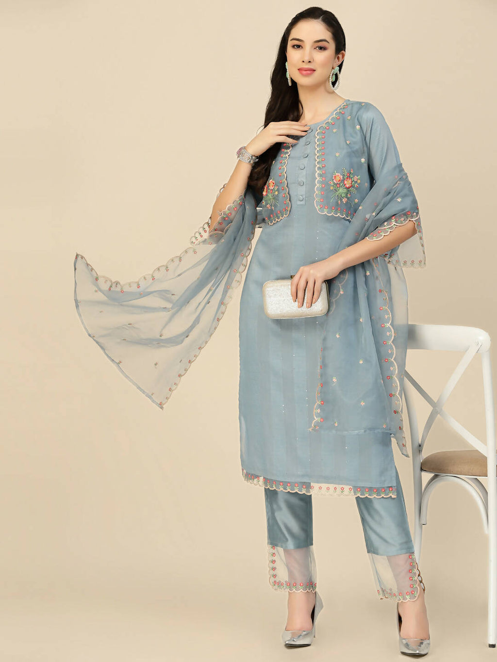 Sky Blue Embroidered Chinon Straight Kurta With Trouser & Dupatta - Salimar | Grocsy