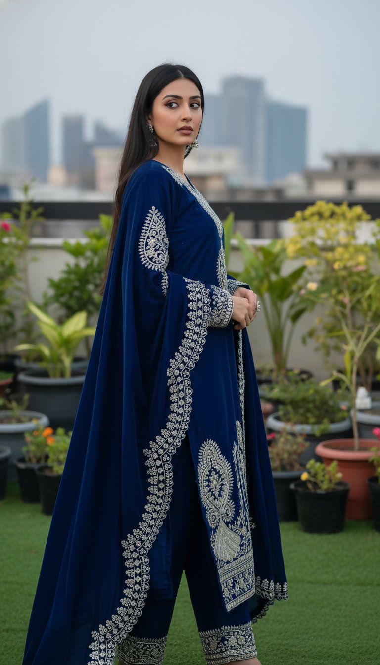 Teeya Creation Blue Color Velvet Designer Embroidery Work party Wear Suit | Grocsy