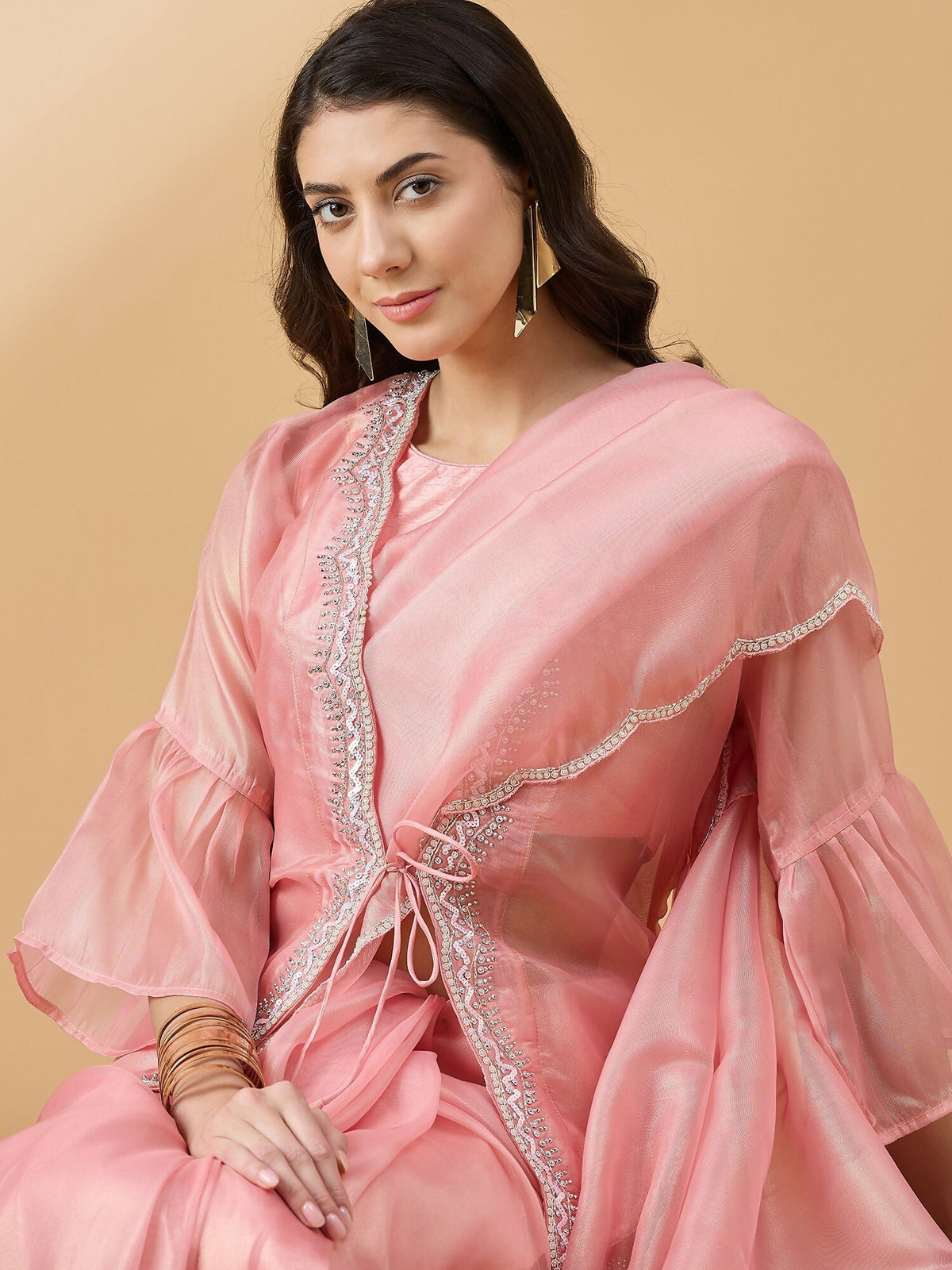 Peach Chiffon Solid Saree with Stitched Blouse & Stone Work Shrug - Dharavi | Grocsy